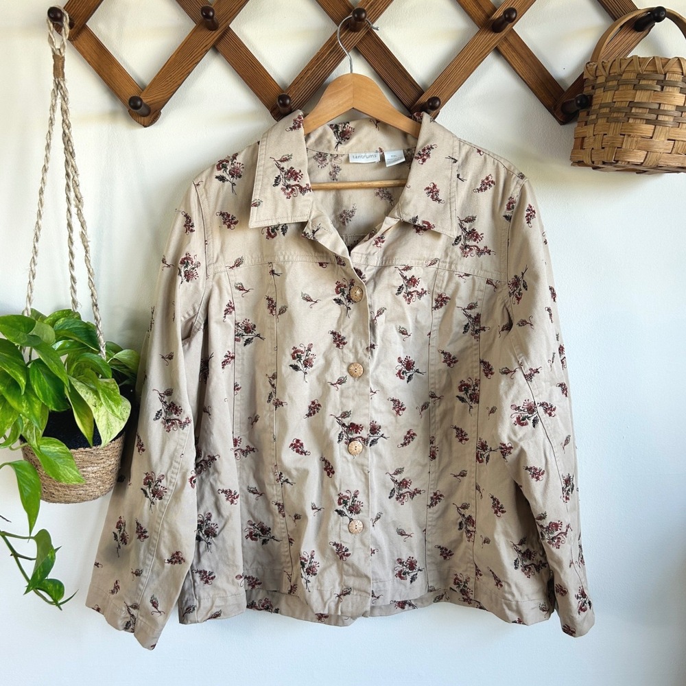 Tantrums Vintage XXL Beige Floral Cotton Twill Button Front Jacket Pockets